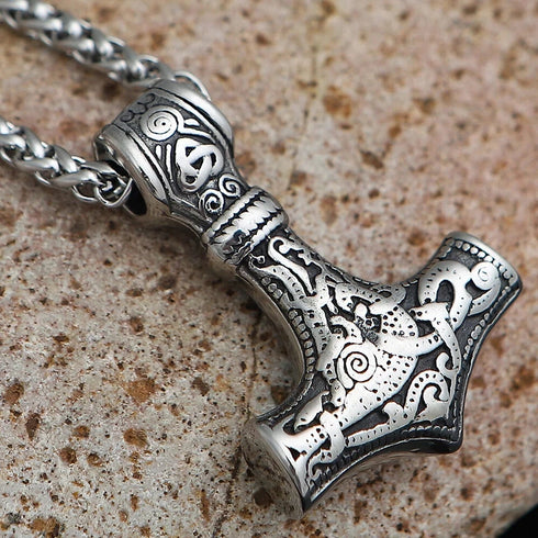 Nordic Viking Wolf Head Thor's Hammer Men Women Mjolnir Necklace & Bracelet Set