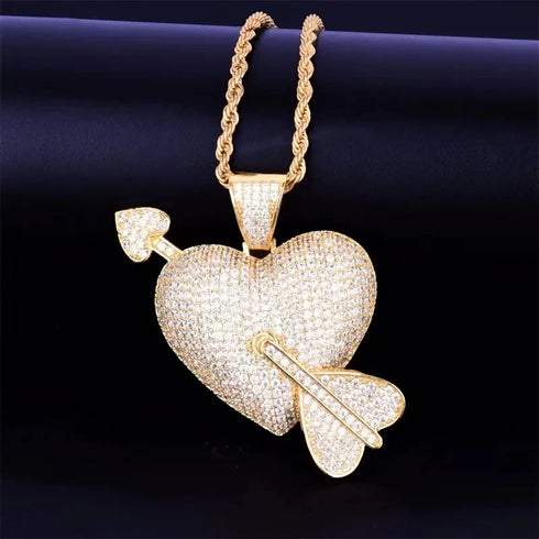 Iced Out Arrow Heart Bling 18K Gold Plated Cubic Zirconia Pendant Necklace