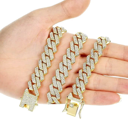 2-Pc Men FULLY ICED Thick 14K Gold Plated CZ Miami Cuban Link Necklace+Bracelet