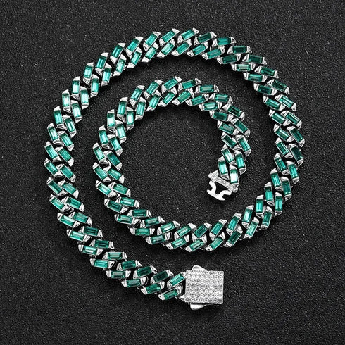 Green 18K White Gold Plated Baguette Cut CZ Men Women 13mm Cuban Chain Necklace