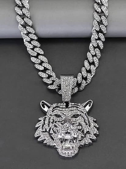 3 Pc Iced Out 14K Gold Plated CZ Tiger Head Pendant & Cuban Chain Necklace & Bracelet