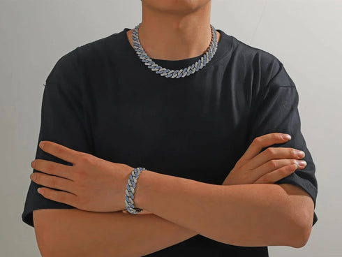2 Pc Men Women FULLY ICED Rhombus Blue Cuban Link Chain 2Row CZ Necklace & Bracelet