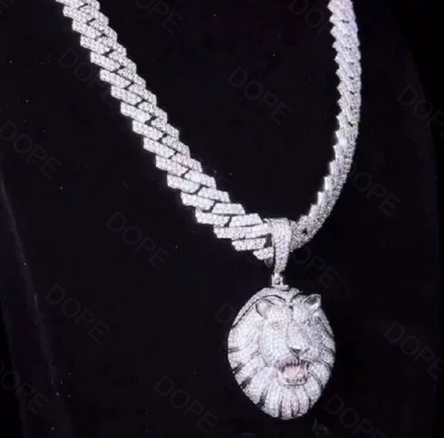 3-Pcs Iced Out 14K Gold Plated CZ Lion Head Pendant W/Cuban Necklace & Bracelet