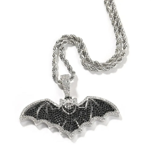 Iced Out Paved 14K White Gold Plated Cubic Zirconia Black Bat Pendant Necklace