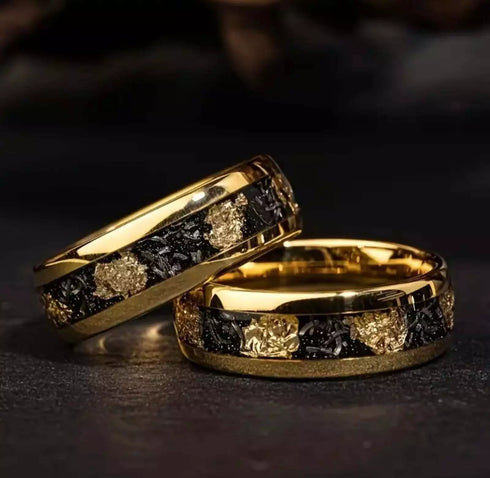 Men's 8mm Tungsten Gold Leaf Flakes & Crushed Meteorite Comfort-Fit Wedding Band