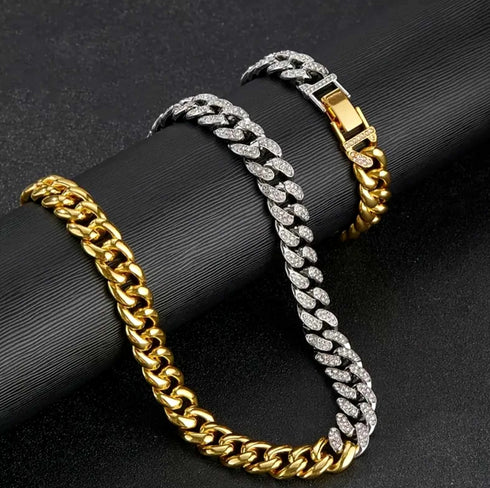 2 Pc Iced Out 2-Tone 14K Gold Plated Cubic Zirconia Miami Cuban Necklace & Bracelet