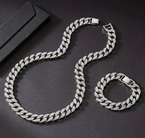 2Pc FULLY ICED 14K White Gold Plated CZ Miami Cuban Link Chain Necklace & Bracelet