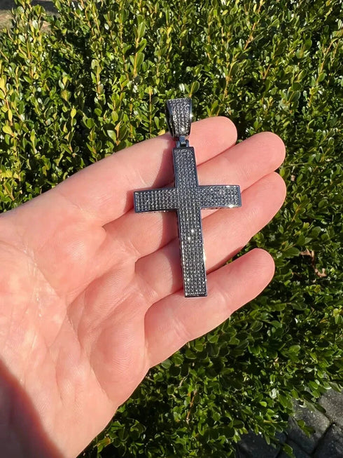 Rhodium Plated Iced Out Black CZ Cuban Chain Cross Pendant & Necklace