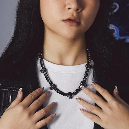 2 Pcs Black Gothic Thorns Skull Rhodium Plated Cuban Halloween Necklace & Bracelet