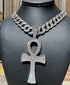 3-Pcs Iced 14K Gold Plated CZ Large Ankh Cross Pendant with Cuban Necklace & Bracelet