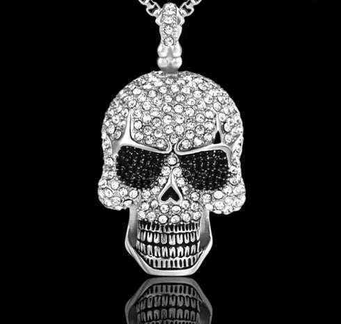 Iced Out 14K White Gold Plated Cubic Zirconia Sugar Skull Head Pendant Necklace