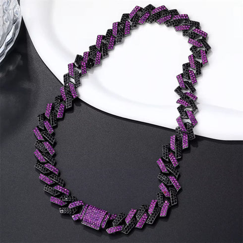 2Pc FULLY ICED Bling Rhodium Plated Purple Black CZ Cuban Link Necklace+Bracelet