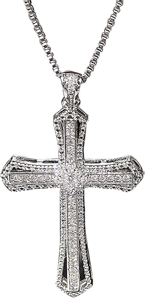 Iced Out Bling 14K Gold Plated Cubic Zirconia Blessed Cross Pendant Necklace