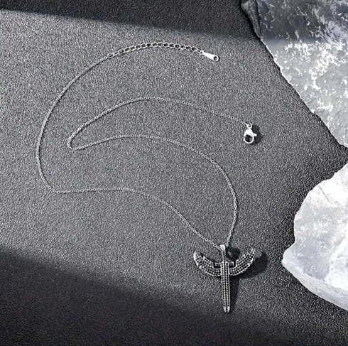 3Pc Iced Out 14KWhite Gold Plated CZ Angel Cuban Chain Pendant Necklace & Bracelet