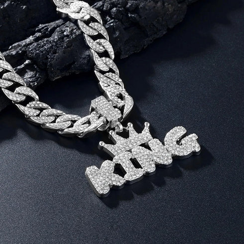 3-Pcs FULLY ICED 14K White Gold Plated CZ Crowned King Cuban Necklace & Bracelet