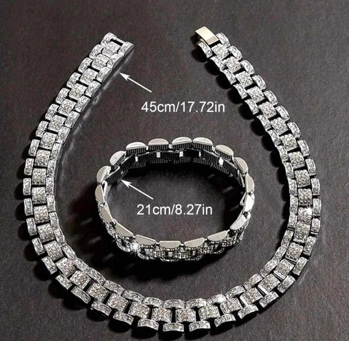 2Pc Men FULLY ICED Watch Band Baguette Chain 14KGold Plated CZ Necklace & Bracelet