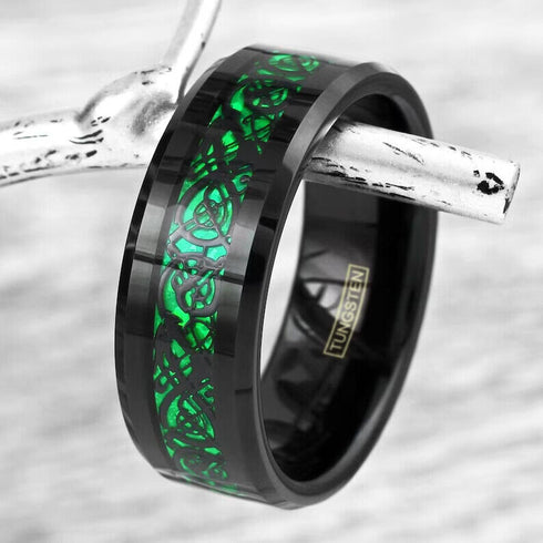 Beveled Edge Comfort-Fit Green Celtic Dragon 8mm Tungsten Wedding Band
