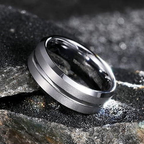 Men 8mm Tungsten Blue Glossed/Brushed Gunmetal Groove Beveled Edges Wedding Band