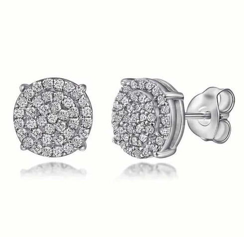 Paved 18KWhite Gold Plated Cubic Zirconia Double Round Cluster Men Women Earring