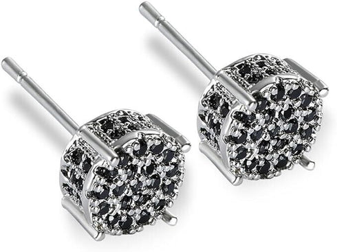Micro Pave 14K White Gold Plated Black Cubic Zirconia Men Women Cluster Earrings