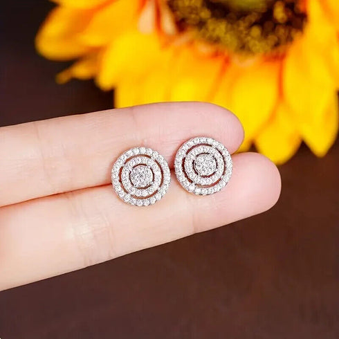 Paved 18K White Gold Plated Cubic Zirconia Round Halo Cluster Men Women Earrings