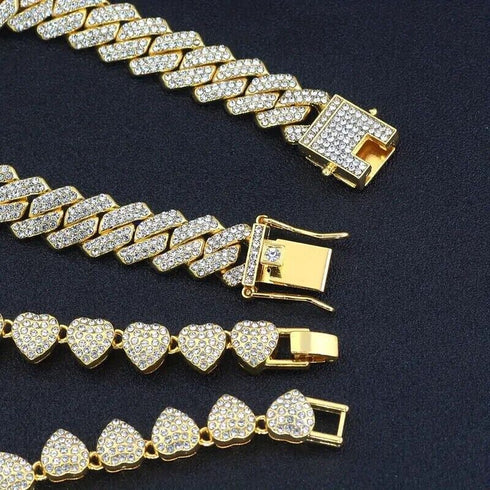 4 Pcs 14K Gold Plated Iced CZ Bling Tennis Heart Cuban Link Men Women Bracelets