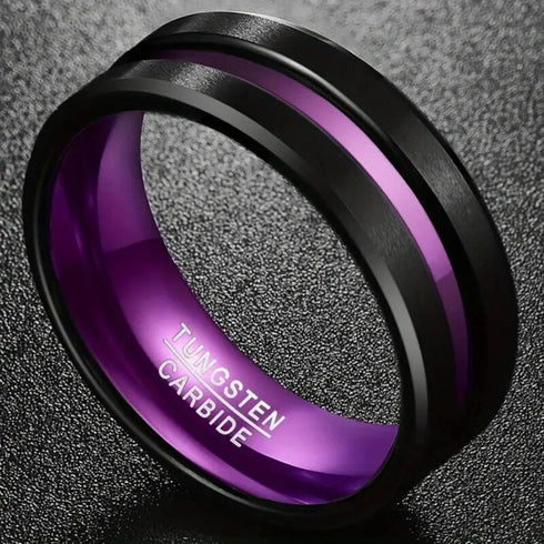 Men 8mm Tungsten Brushed Black Purple Grooved Center Beveled Edges Wedding Band