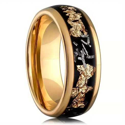 Men's 8mm Tungsten Gold Leaf Flakes & Crushed Meteorite Comfort-Fit Wedding Band
