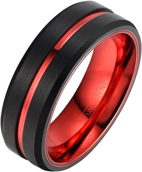 Men's 8mm Tungsten Brushed Black W/Red Grooved Center Comfort Fit Wedding Band