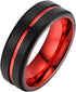 Men's 8mm Tungsten Brushed Black W/Red Grooved Center Comfort Fit Wedding Band