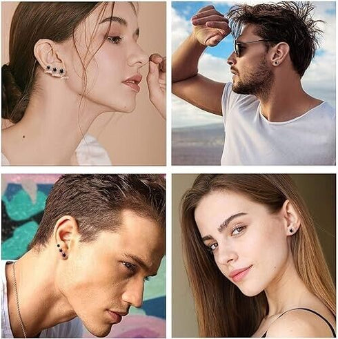 6 Pairs 316L Surgical Steel Black CZ 3/4/5/6/7/8mm Solitaire Men Women Earrings