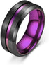 Men 8mm Tungsten Brushed Black Purple Grooved Center Beveled Edges Wedding Band