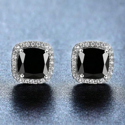 14K Gold Plated Cushion Cut Square Black Onyx Cubic Zirconia Men Women Earrings