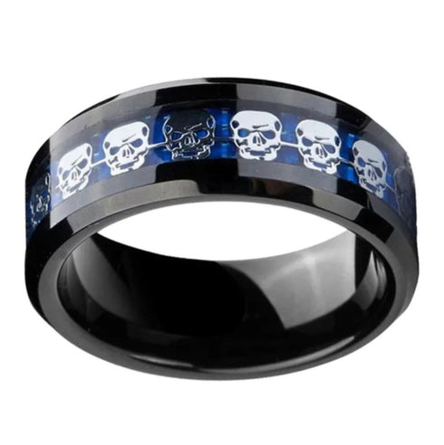 Men 8mm Titanium Black/Blue Laser Skull Carbon Fiber/Matte Black CZ Wedding Band