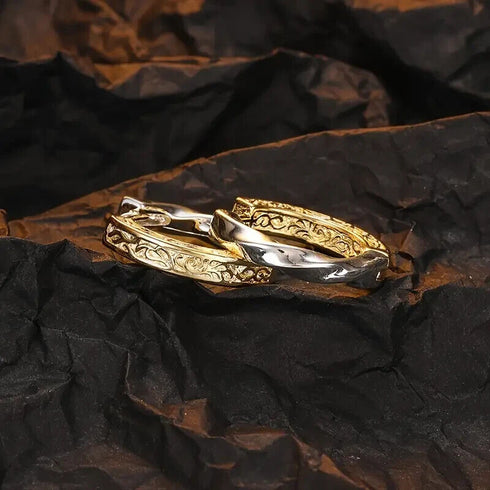 Retro Tang Grass Grain Sense Texture Gold Silver High-End Men Women Hoop Earring