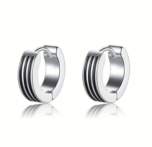 316L Surgical Steel Classic 3 Black Striped Enamel Men & Women Hoop Earrings