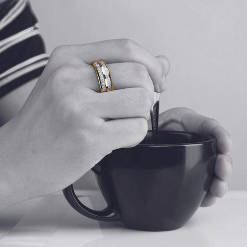 Men's 8mm Tungsten Yellow Gold Double Line Meteorite Inspired Domed Band