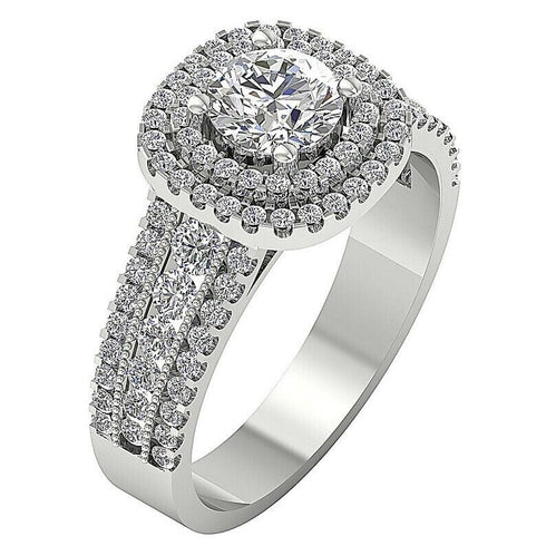Solitaire Double Halo 14K White Gold Plated Cubic Zirconia Engagement Ring