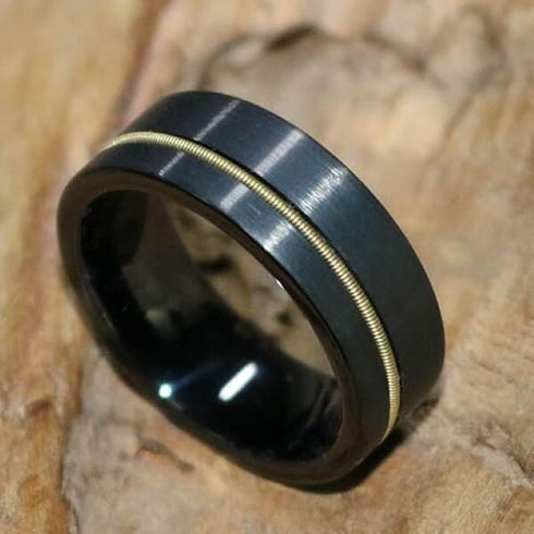 Men 8mm Black Brushed Tungsten Light Gold Guitar String Comfort-Fit Wedding Band