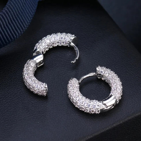 Fully Iced 18K White Gold Plated 3Row Honey Comb Zirconia Men Women Hoop Earring