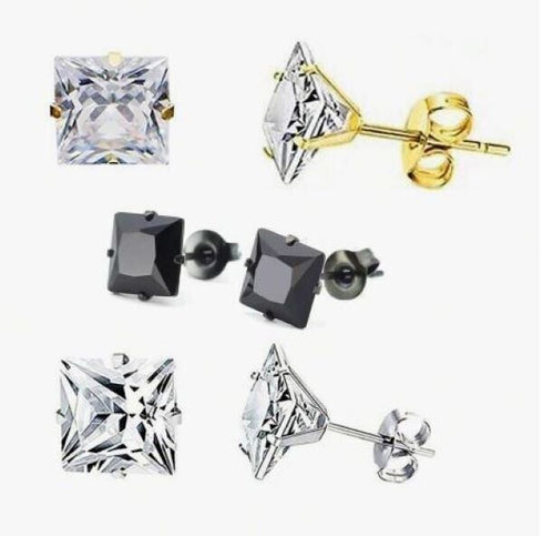 3 Pairs 14K Gold Plated Square Cubic Zirconia Solitaire Men Women Stud Earrings