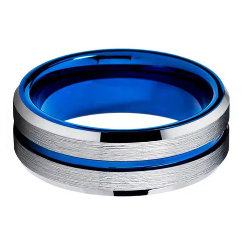 Men 8mm Tungsten Brushed Silver W/Blue Grooved Center Beveled-Edges Wedding Band