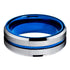 Men 8mm Tungsten Brushed Silver W/Blue Grooved Center Beveled-Edges Wedding Band