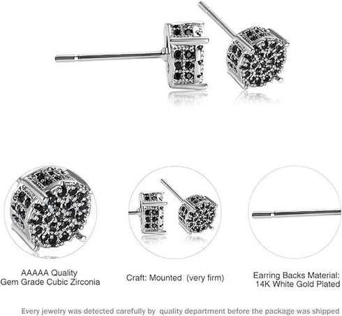 Micro Pave 14K White Gold Plated Black Cubic Zirconia Men Women Cluster Earrings