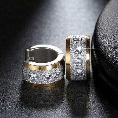 2Tone Titanium Frosted Wide Gold Silver CZ Hypoallergenic Men Women Hoop Earring