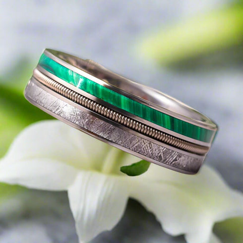 Men's 8mm Titanium Guitar String Malachite & Meteorite Comfort-Fit Wedding Band