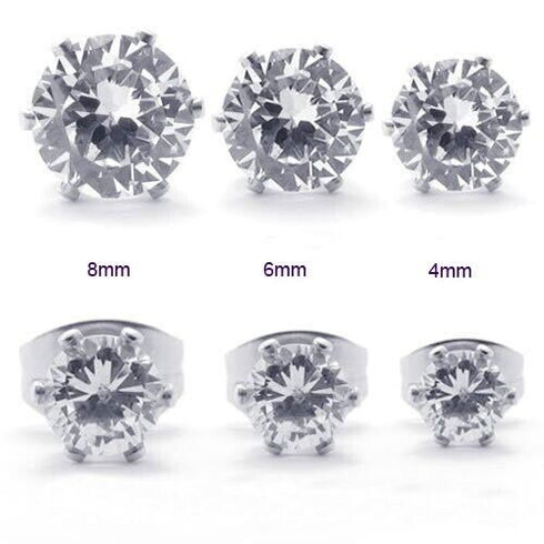 3Pairs Surgical Steel Cubic Zircon 4mm/6mm/8mm Solitaire Men Women Stud Earrings
