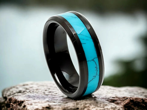 Men 8mm Tungsten Black Turquoise Beveled-Edge Comfort-Fit Polished Wedding Band