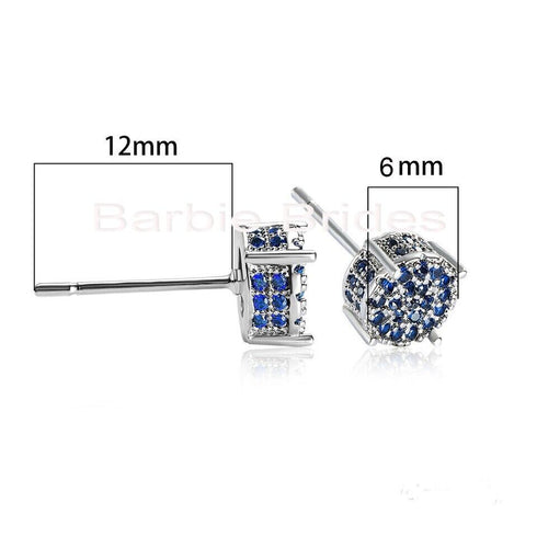 Micro Pave 14K White Gold Plated Blue Cubic Zirconia Men Women Cluster Earrings