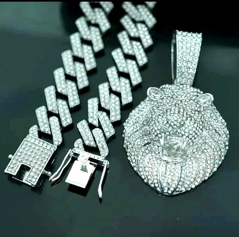 3-Pcs Iced Out 14K Gold Plated CZ Lion Head Pendant W/Cuban Necklace & Bracelet